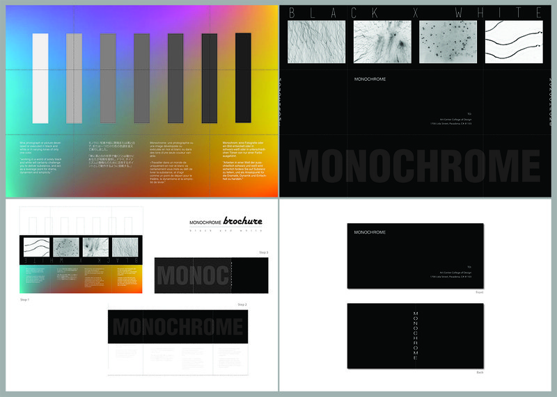 Graphic design portfolio showing a "Monochrome: Black and White" brochure project with color gradient swatches, typography layouts, business card designs, and step-by-step brochure construction process across four panels.