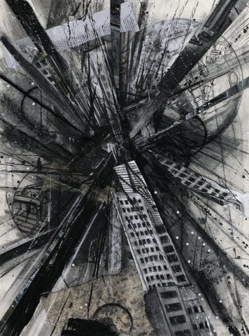 pf_upload 2-14 Charcoal and ink drawing of urban skyscrapers viewed dramatically from ground level looking upward, with explosive radiating lines and ink splatters creating a chaotic, energy-filled cityscape composition.