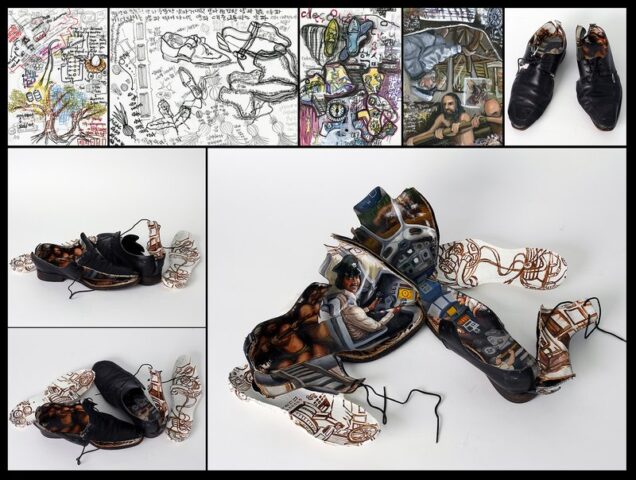 pf_upload 2-15 Mixed media artwork documenting the transformation of black leather dress shoes into painted sculptural objects, with detailed sci-fi and figurative imagery covering the unfolded inner soles, accompanied by preparatory sketches and process documentation.