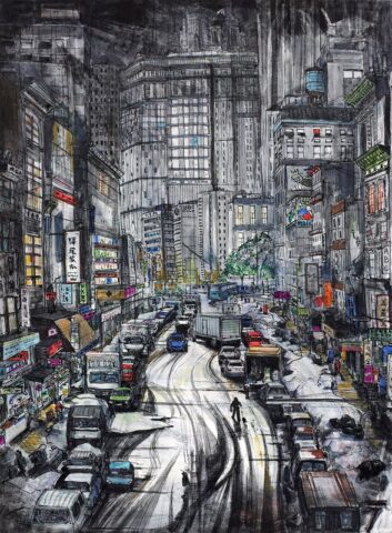 pf_upload 2-18 Mixed media drawing of a dense Asian city street viewed from above, depicting heavy traffic, neon signs with Chinese characters, towering buildings, and a lone pedestrian, rendered in charcoal with selective color accents.
