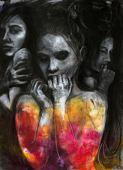 Expressive mixed media artwork depicting three overlapping female figures in charcoal against a dark background, with the central figure's torso dissolving into vivid red, orange, and yellow watercolor washes suggesting emotional intensity.
