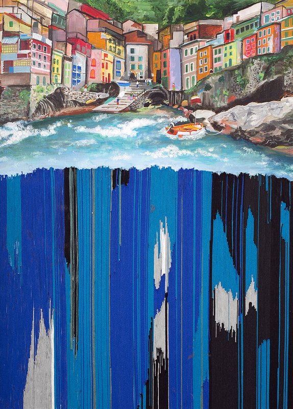 Acrylic painting of a colorful Mediterranean coastal village with a turquoise harbor, where the lower half of the canvas transitions into raw vertical drips of blue, black, and white paint, merging realism with abstraction.