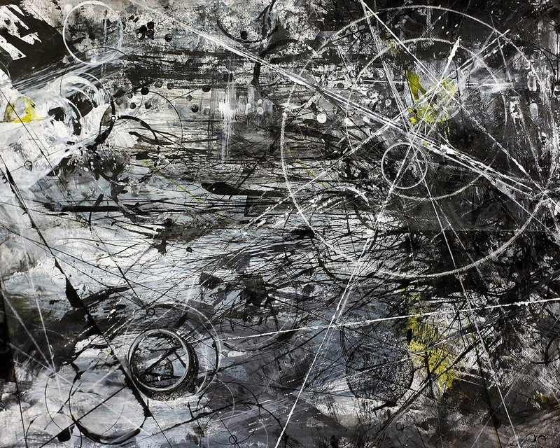 Large-scale abstract painting in black, white, and yellow with chaotic overlapping lines, circular motifs, ink splatters, and gestural marks creating a dynamic action-painting composition suggesting energy and movement.