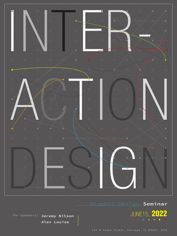 Graphic design event poster for an Interaction Design seminar on a gray background, featuring large typographic layout with colorful connecting curved lines and dots, listing speakers and event details for June 15, 2022 in Chicago.