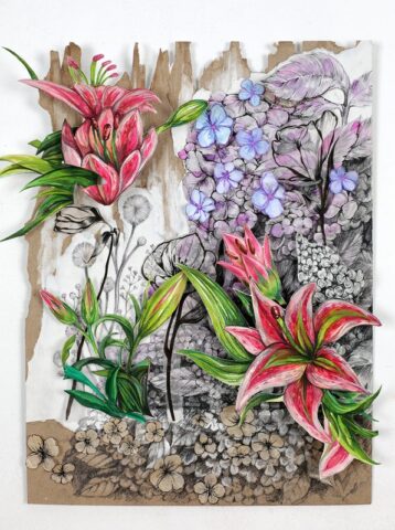 pf_upload 2-26 Mixed media botanical artwork combining detailed ink linework with vibrant colored pencil rendering of pink stargazer lilies and blue hydrangeas, set against a partially painted and raw cardboard background with grayscale floral elements.