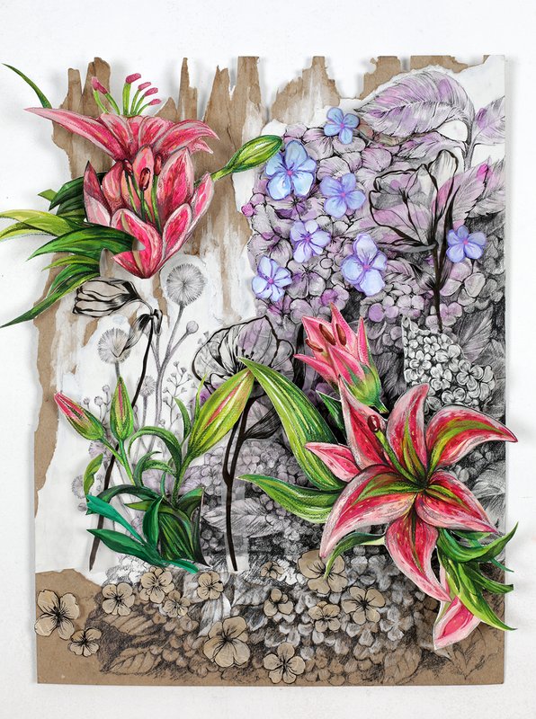 Mixed media botanical artwork combining detailed ink linework with vibrant colored pencil rendering of pink stargazer lilies and blue hydrangeas, set against a partially painted and raw cardboard background with grayscale floral elements.