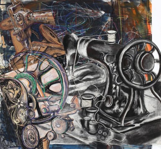 pf_upload 2-28 Mixed media drawing of vintage sewing machines and mechanical wheel components rendered in charcoal and colored pencil, combining precise realistic detail with gestural expressive mark-making and abstract background elements.