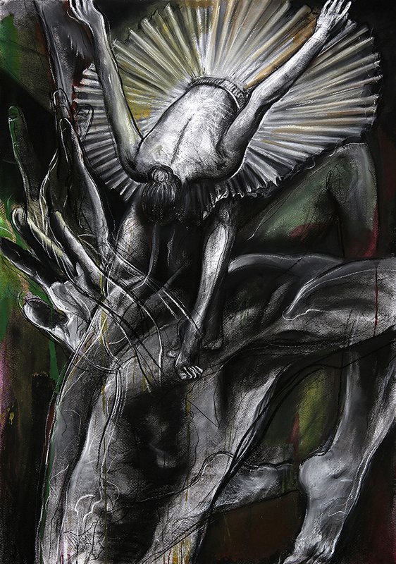 Dark expressive painting of a human figure arching backward with arms raised and radiating light beams emanating from the head, surrounded by large grasping hands in charcoal and paint on a deep green and black background.