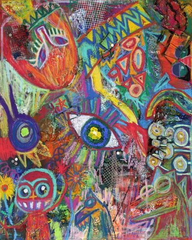 pf_upload 2-31 Highly energetic abstract mixed media painting densely filled with eyes, tribal mask motifs, geometric shapes, sunflowers, and bold patterns in saturated reds, yellows, blues, and greens across the entire canvas surface.