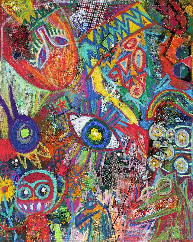 Highly energetic abstract mixed media painting densely filled with eyes, tribal mask motifs, geometric shapes, sunflowers, and bold patterns in saturated reds, yellows, blues, and greens across the entire canvas surface.