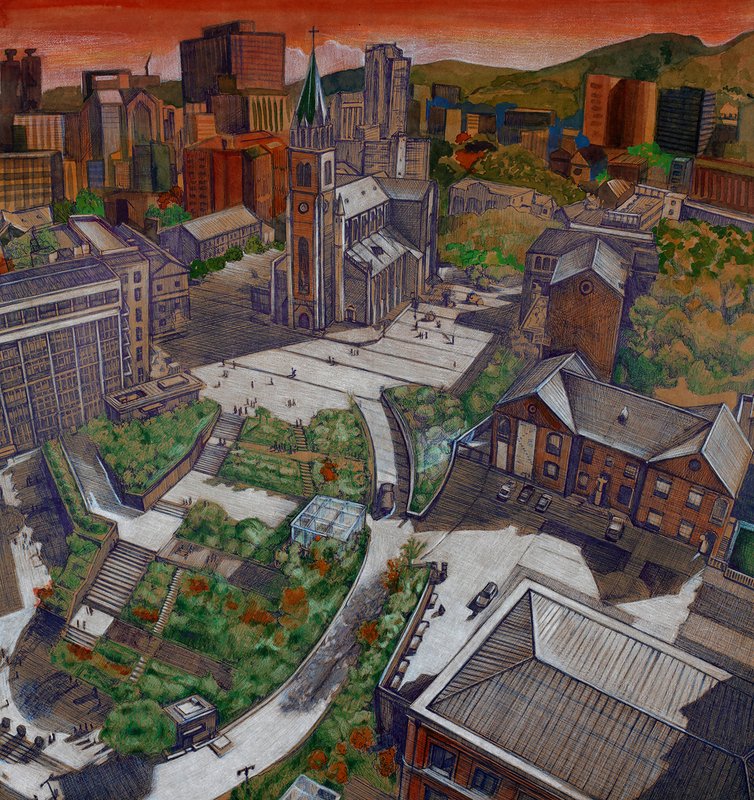 Detailed aerial view painting of a Korean urban cityscape featuring a prominent Gothic cathedral at center, surrounding buildings, terraced gardens, and mountain backdrop rendered in colored pencil with a warm orange-red sky.