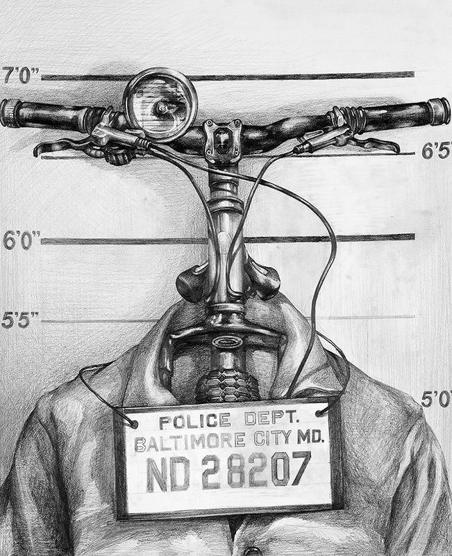 Graphite pencil drawing of a bicycle handlebar and headlamp posed against a police lineup height chart, holding a Baltimore City Police Department license plate as a humorous conceptual mugshot composition.
