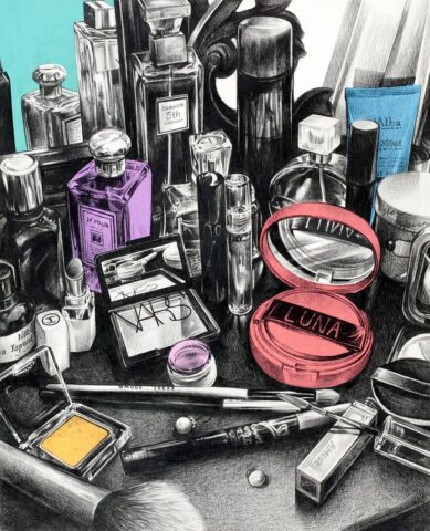 pf_upload 2-35 Highly detailed colored pencil still life of luxury cosmetic and fragrance products including NARS eyeshadow, Luna cushion compact, Jo Malone perfume, and various makeup brushes arranged on a dark vanity surface with selective color accents.