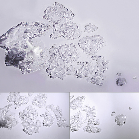 Highly realistic graphite drawing of scattered translucent ice fragments on a white surface, capturing light refraction and transparency with precise tonal rendering, shown in three compositions ranging from clustered to dispersed arrangements.
