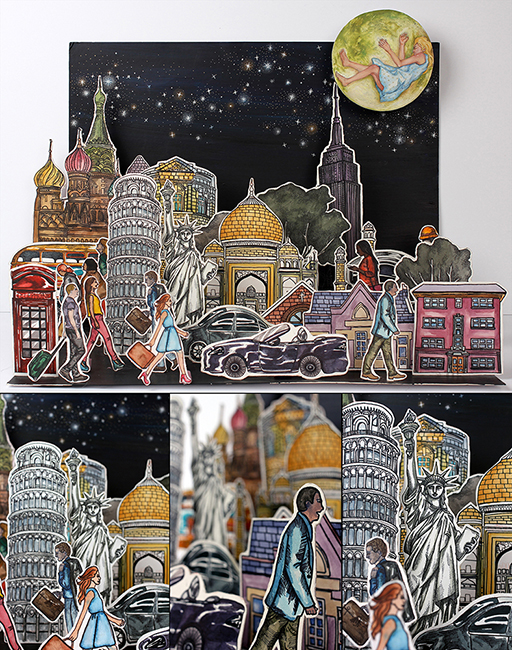 Three-dimensional paper diorama depicting iconic world landmarks including the Leaning Tower of Pisa, Statue of Liberty, Taj Mahal, and St. Basil's Cathedral against a starry night sky, with illustrated figures and a painted moon overhead.