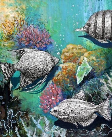 pf_upload 2-42 Mixed media underwater scene combining detailed black and white ink illustrations of tropical fish with colorful acrylic painted coral reef elements in teal, orange, pink, and green on an expressive painterly background.