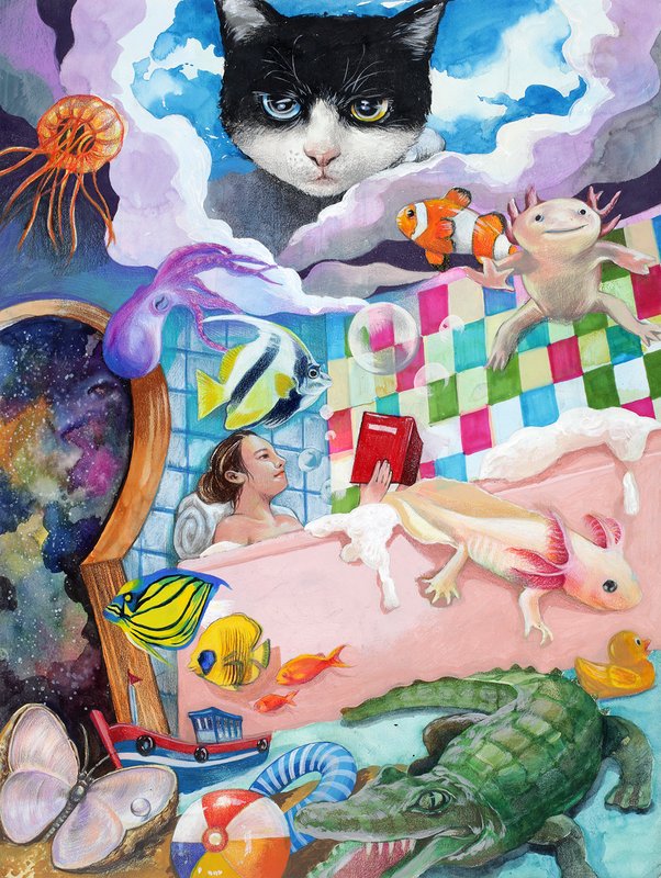 Whimsical watercolor and colored pencil illustration of a girl reading in a bathtub surrounded by fantastical creatures including axolotls, tropical fish, a crocodile, jellyfish, and a giant cat watching from dramatic clouds above.