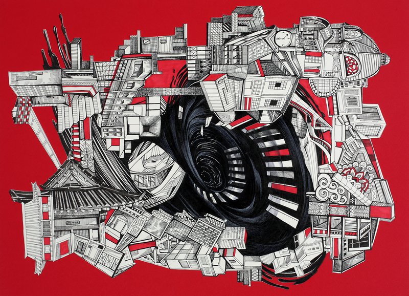 Dense ink drawing of fragmented urban architectural elements including buildings, facades, and structures collapsing into a central black spiral vortex, rendered in black and red on a bright red background.