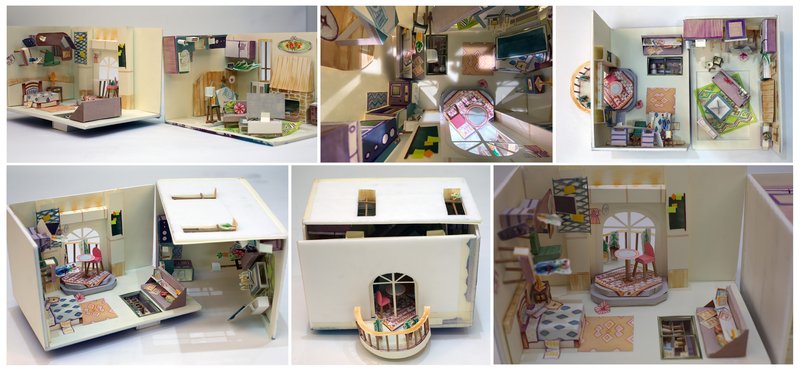 Detailed miniature architectural model of a residential interior with colorful patterned furnishings, shown from multiple angles including top-down floor plan view and open-wall perspective revealing living and bedroom spaces.