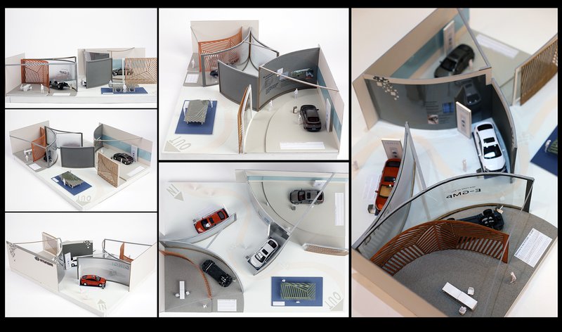 Architectural scale model of an automotive showroom interior featuring curved display walls, wooden slat panels, miniature car models, and glass partitions, documented from five angles showing spatial layout and design details.