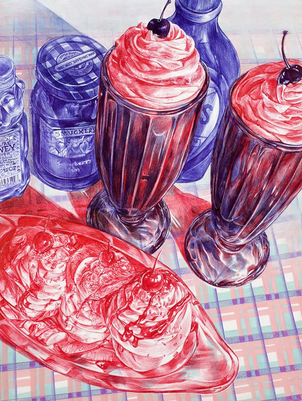 Hyperrealistic ballpoint pen still life drawing of two whipped cream milkshakes topped with cherries, a banana split dessert, and Smucker's jam jars rendered in red and blue ink on a plaid tablecloth background.