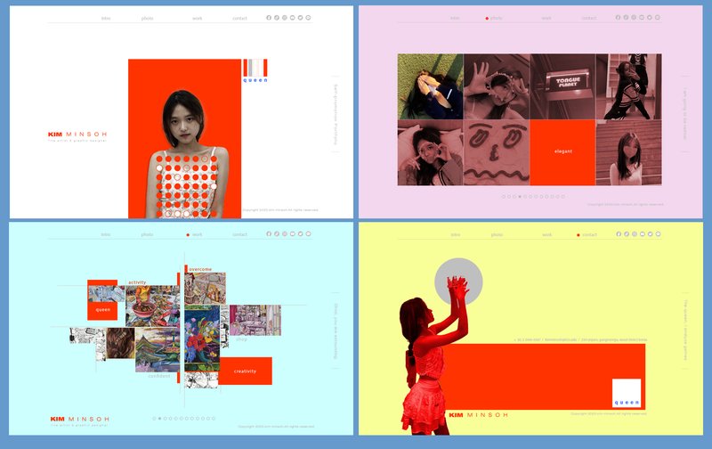 Four-page personal portfolio website design for artist and graphic designer Kim Minsoh, featuring bold red and white layouts, photo grids, artwork galleries, and typographic compositions across white, pink, mint, and yellow color schemes.