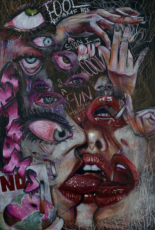 Surrealist mixed media drawing of a fragmented face covered in multiple floating eyes, glossy red lips, hands, and overlapping scrawled text in pink and purple tones on a dark textured background, conveying psychological disorientation.