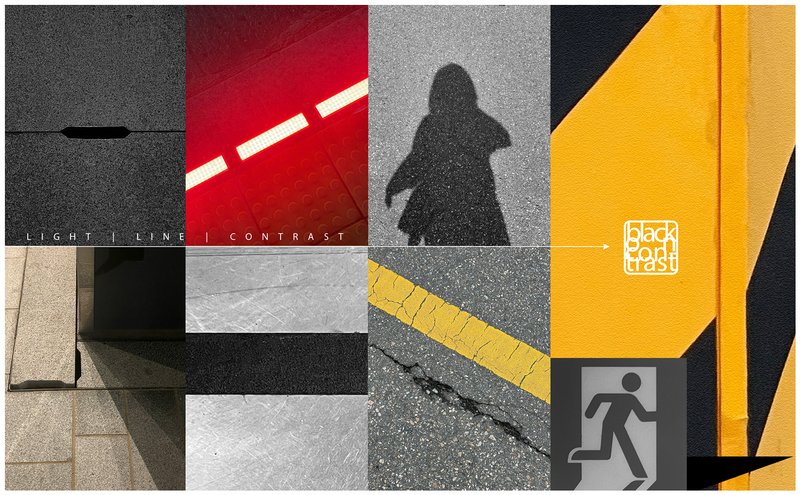 Graphic design photo series titled "Light, Line, Contrast" featuring eight urban detail photographs of pavement textures, a red light strip, a shadow silhouette, road markings, and architectural edges composited into a bold grid layout with a "blackcontrast" brand logo.