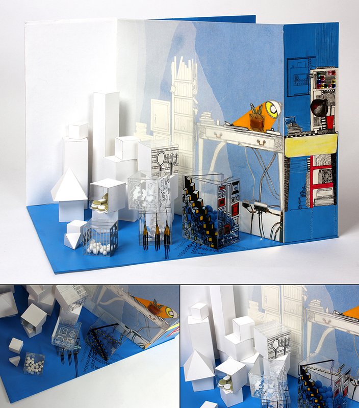 Three-dimensional mixed media still life installation combining white paper geometric solids, transparent acrylic boxes with drawn contents, and colorful painted backdrop panels depicting a studio workspace, shown from front and two close-up angles.