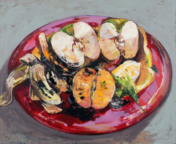 pf_upload 2-6 Expressive oil painting still life of sliced apples, oranges, banana peel, and citrus arranged on a vibrant red oval plate, rendered with bold loose brushstrokes against a gray background.
