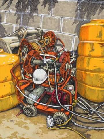 pf_upload 2-60 Detailed pen and watercolor drawing of an orange industrial hose reel cart with attached equipment, surrounded by yellow gas canisters against a brick wall, rendered with stippling and precise linework.