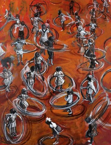 pf_upload 2-61 Mixed media painting of numerous children spinning hula hoops depicted from an aerial perspective, with gestural white and dark figures scattered across a warm red-orange painted background suggesting joyful collective movement.