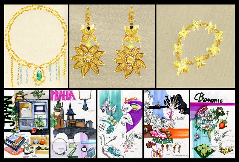 Jewelry design portfolio showing three rendered pieces including a necklace, sunflower earrings, and floral bracelet in gold and gemstone tones, alongside five themed concept boards titled Japan, Praha, Fascinate, an untitled series, and Botanic.