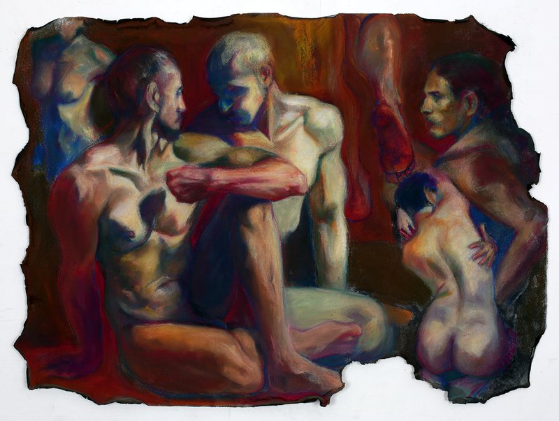 Expressive figurative pastel painting on torn paper depicting multiple nude male figures in various poses of tension and vulnerability, rendered in deep reds, blues, and earth tones with loose gestural mark-making.