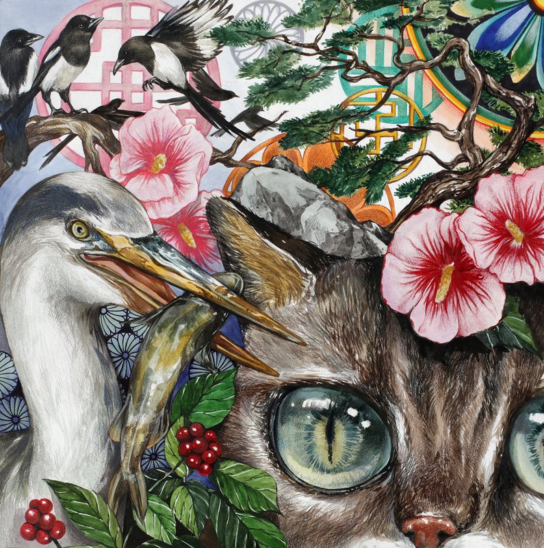 Highly detailed colored pencil painting combining Korean traditional imagery including magpies, a heron catching fish, a close-up cat face, camellia blossoms, bonsai, holly berries, and decorative pattern motifs in a dense layered composition.