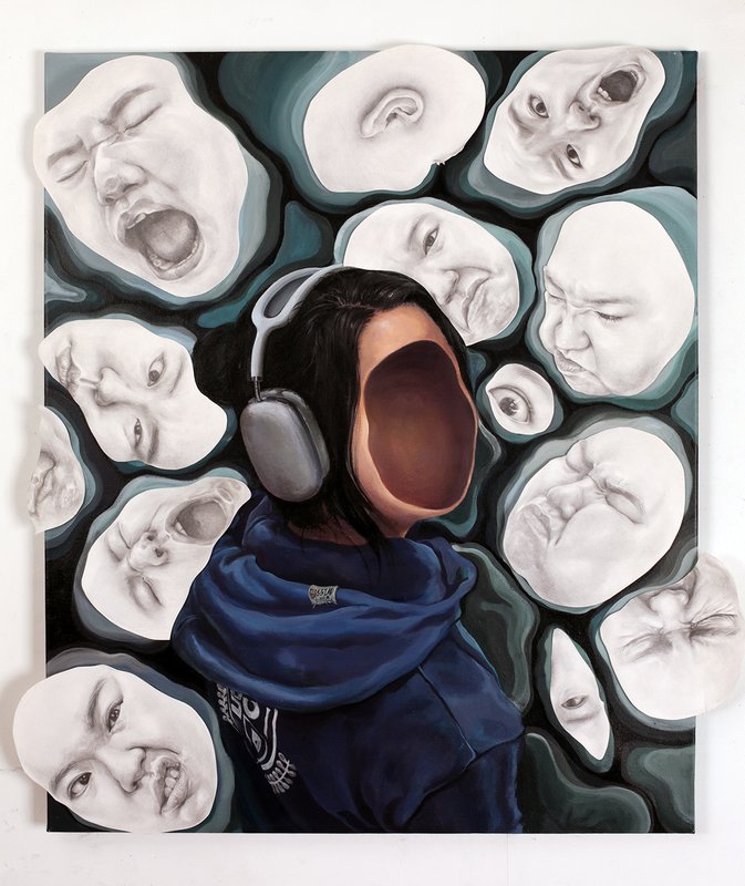 Oil painting of a figure wearing headphones whose face is replaced by an open hollow void, surrounded by a dark teal background filled with numerous fragmented white facial expressions including eyes, mouths, and partial faces.