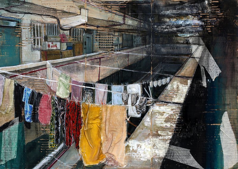 Mixed media painting of a narrow Korean residential alley with colorful laundry hanging on lines between aging buildings, combining realistic painted elements with collaged textures and dark geometric abstract passages.