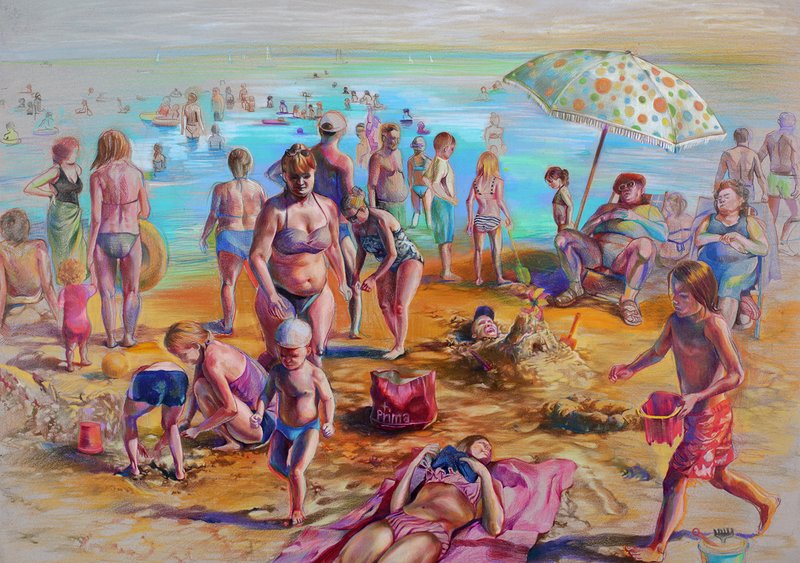 Mixed media painting of a narrow Korean residential alley with colorful laundry hanging on lines between aging buildings, combining realistic painted elements with collaged textures and dark geometric abstract passages.