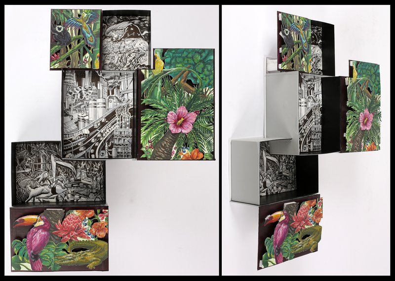 Wall-mounted mixed media sculpture of stacked open boxes with outer surfaces covered in dense black and white industrial ink drawings and inner surfaces painted with lush tropical flora and colorful birds including toucans and parrots, shown from front and side.