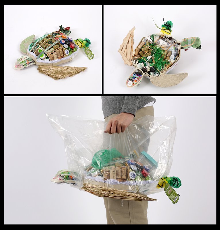 Eco-art sculpture of a sea turtle constructed entirely from collected trash and recycled materials including bottle caps, corks, netting, and packaging, shown from above, below, and held inside a plastic bag to emphasize ocean plastic pollution.