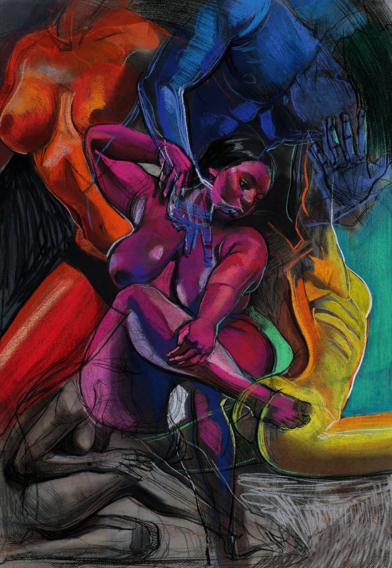 Expressive figurative mixed media drawing of multiple overlapping nude figures rendered in vivid magenta, red, blue, orange, and yellow pastels against a dark background, with gestural charcoal linework underlying the saturated color forms.