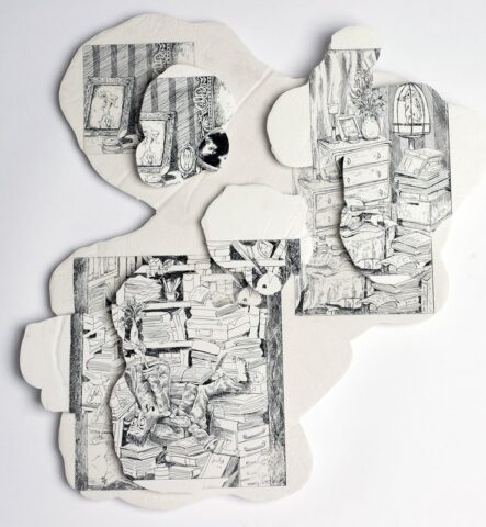 pf_upload 2-77 Three detailed pen and ink interior drawings on irregularly cut white paper panels, depicting cluttered rooms filled with stacked books, dresser drawers, framed mirrors, and domestic objects in a narrative illustrative style.