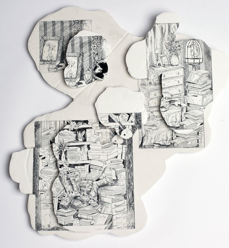 Three detailed pen and ink interior drawings on irregularly cut white paper panels, depicting cluttered rooms filled with stacked books, dresser drawers, framed mirrors, and domestic objects in a narrative illustrative style.