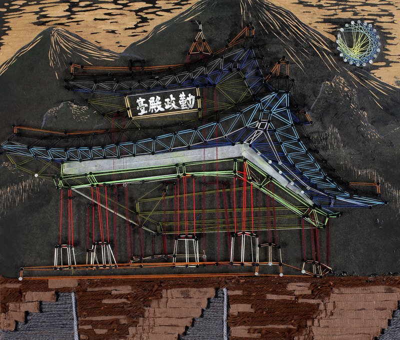 Mixed media artwork of Geunjeongjeon hall at Gyeongbokgung Palace rendered with colorful geometric string-like linework over a dark ink and gold-leaf mountain backdrop, combining traditional Korean architectural imagery with contemporary graphic style.