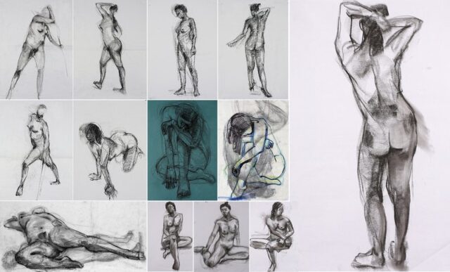 pf_upload 2-8 Collection of figure drawing studies in charcoal and pencil depicting the human nude in various standing, crouching, and reclining poses, demonstrating gesture, anatomy, and form through multiple perspectives and techniques.