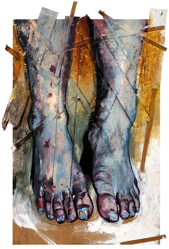 Mixed media painting of two bare feet viewed from above, rendered in dark blue, purple, and gray tones with visible bruising details, layered over collaged strips of tape, gold leaf textures, and torn painted paper fragments.