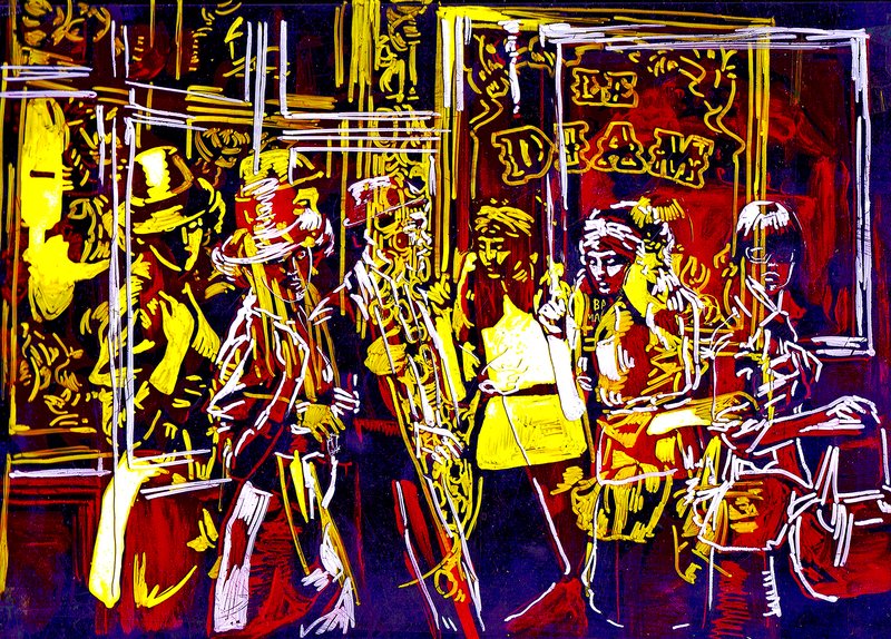Bold acrylic painting of a street band performing in front of a venue, rendered in high contrast deep purples, reds, and yellows with expressive white linework outlining the musicians and their instruments.