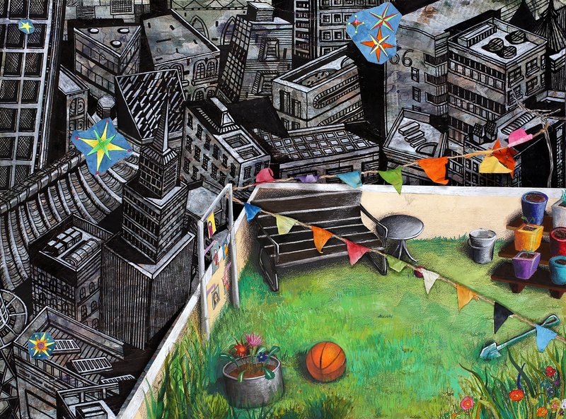 Mixed media drawing contrasting a colorful rooftop garden with a bench, pennant flags, basketball, and potted plants against a surrounding cityscape of densely packed black and white buildings with chalk-drawn star motifs.