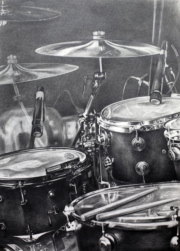 Hyperrealistic charcoal drawing of a full drum kit captured in close-up, with precise rendering of the snare drum, tom, cymbals, and chrome hardware against a dark atmospheric background.