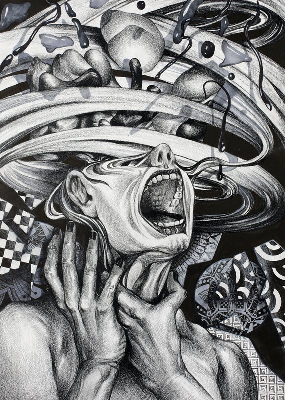 Surrealist graphite drawing of a screaming figure with hands gripping the throat, surrounded by swirling vortex forms, floating organic shapes, musical notes, and dense black and white geometric patterns.